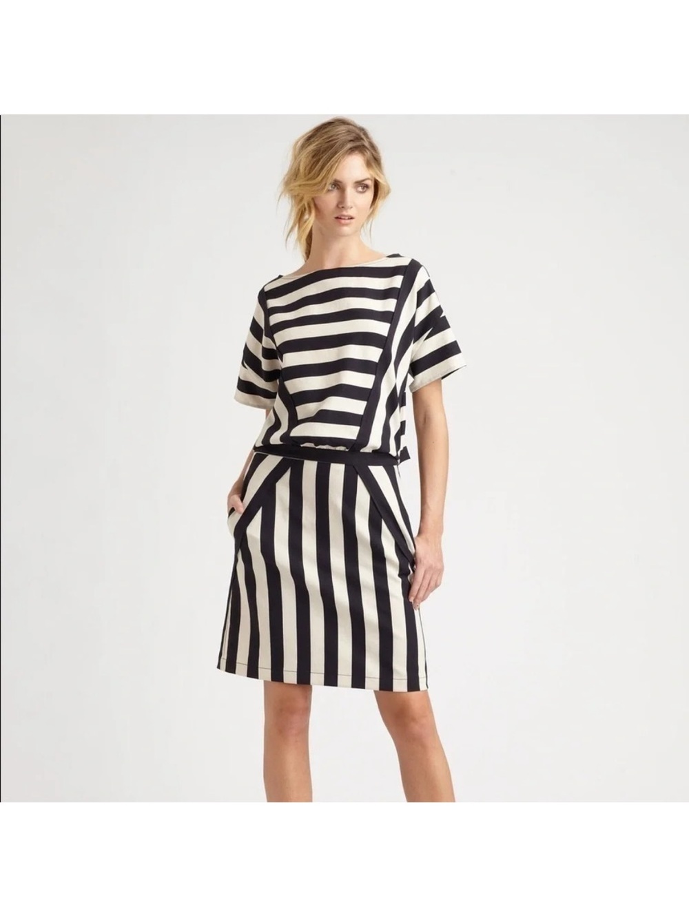 Neiman Marcus Black and Cream Striped Midi Skirt